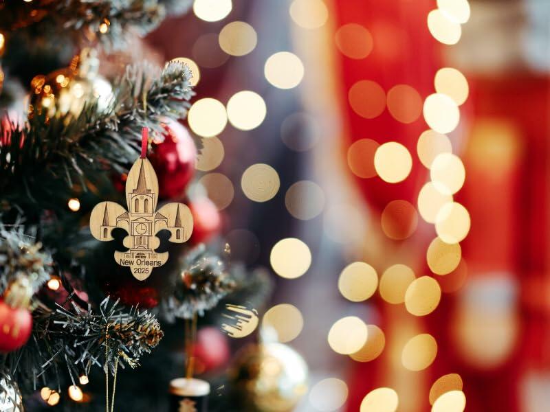 New Orleans Christmas Ornament, Big Easy, Mardi Gras Souvenir with Fleur de Lis and Click Tower Icon, Beautiful Laser Cut Wood – Great Stocking Stuffer, New OrleansTrip Idea, Comes in Gift Box