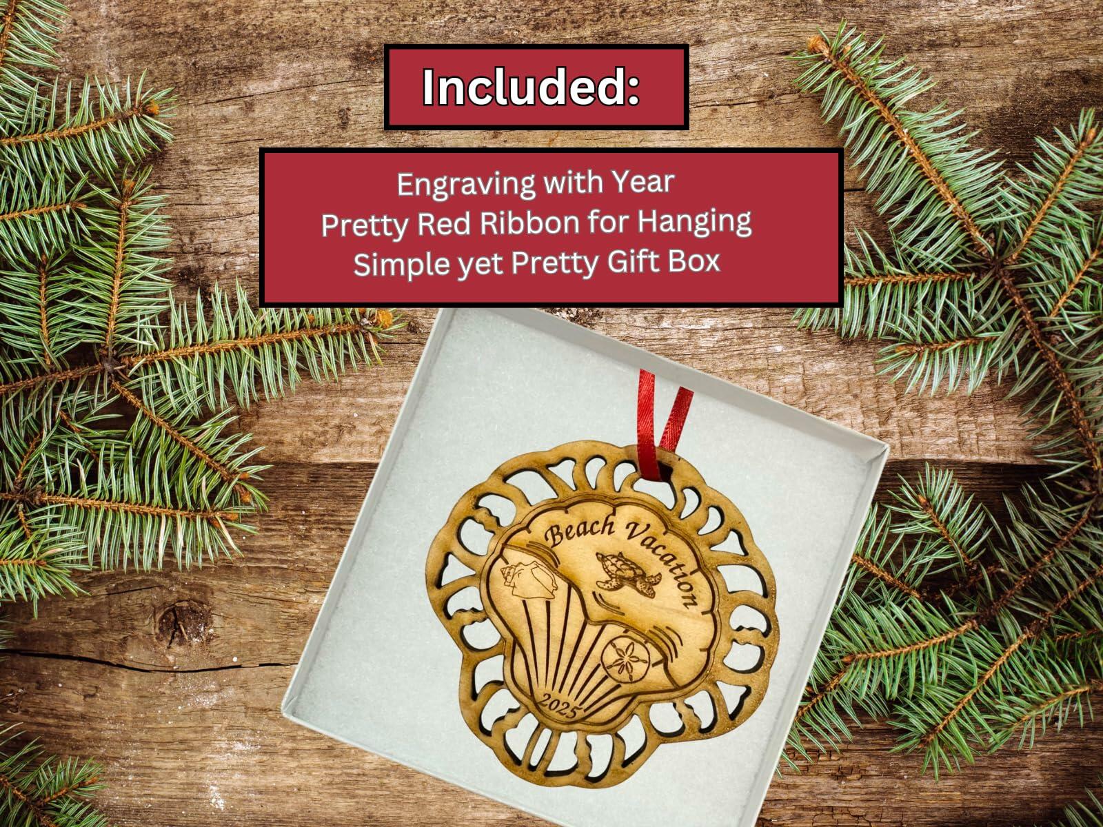 Beach Ornaments, Beach Christmas Ornament 2025 Seashells, Florida, Coastal Ornament - Beautiful Laser Cut Wood, Great Stocking Stuffer, Souvenir Idea, Comes in Gift Box