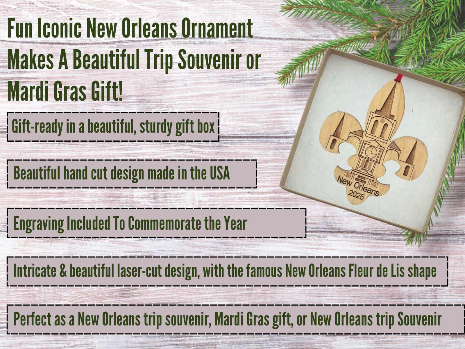 New Orleans Christmas Ornament, Big Easy, Mardi Gras Souvenir with Fleur de Lis and Click Tower Icon, Beautiful Laser Cut Wood – Great Stocking Stuffer, New OrleansTrip Idea, Comes in Gift Box