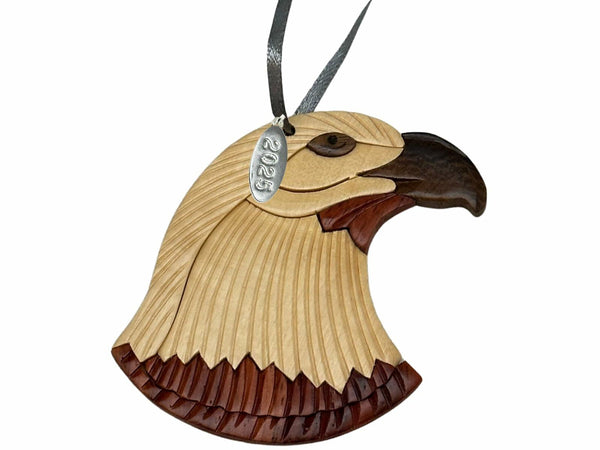 Two-Tone Intarsia Wood Bald Eagle Ornament 2025, Handcrafted Solid Piece - Great Air Force Ornament, Bald Eagle Gifts for Men, or Eagle Scout Ornament - 3" Size - Comes in Gift Box