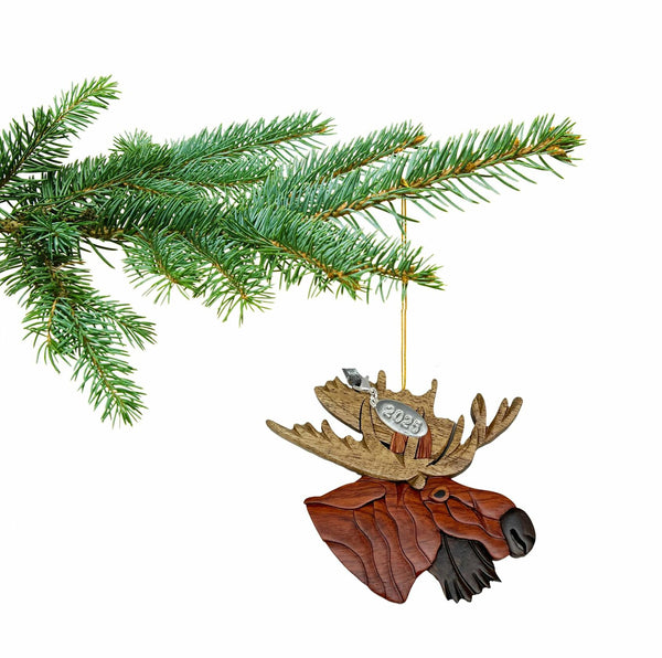 Moose Ornament 2025 Two-Tone Wood Intarsia Design Moose Head Christmas Ornament - Great Big Game Hunter Gift Idea - Comes in a Gift Box so It's Ready for Giving