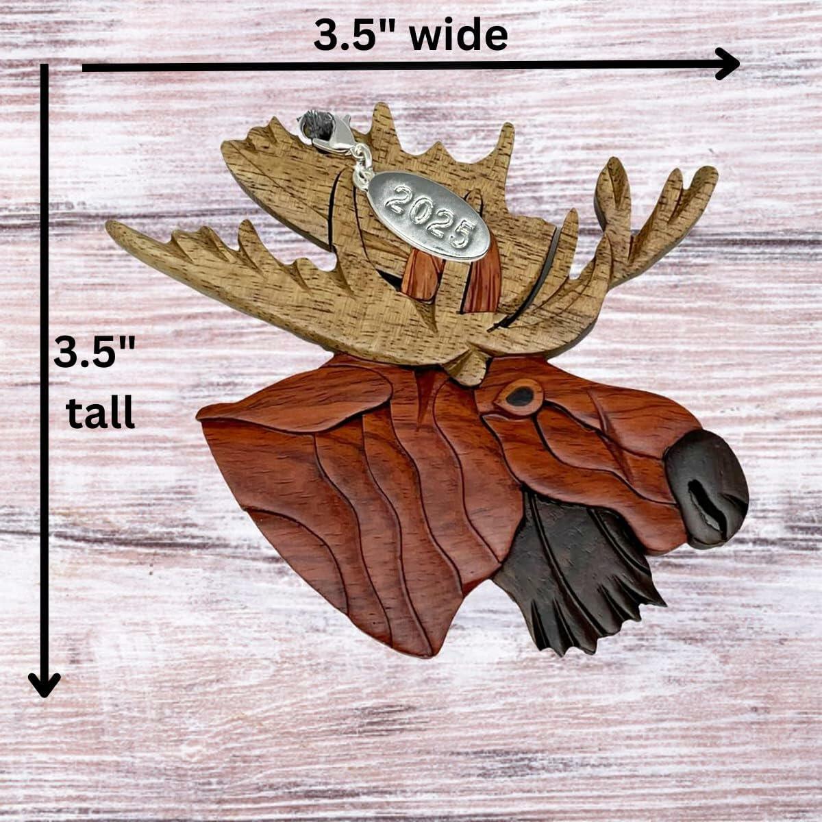 Moose Ornament 2025 Two-Tone Wood Intarsia Design Moose Head Christmas Ornament - Great Big Game Hunter Gift Idea - Comes in a Gift Box so It's Ready for Giving