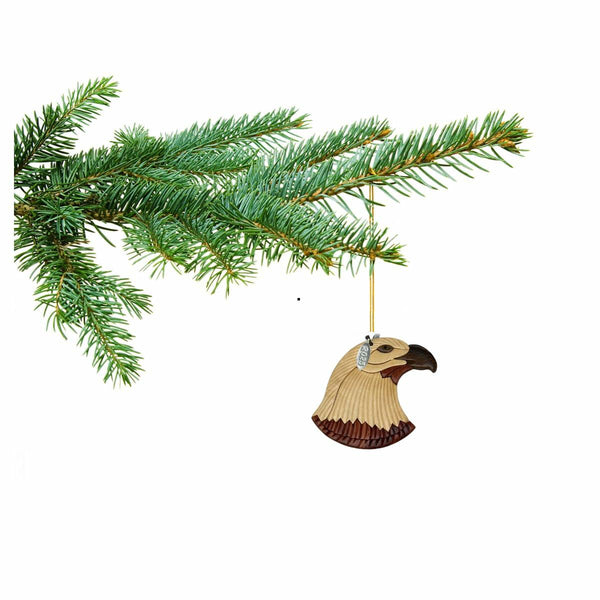 Two-Tone Intarsia Wood Bald Eagle Ornament 2025, Handcrafted Solid Piece - Great Air Force Ornament, Bald Eagle Gifts for Men, or Eagle Scout Ornament - 3" Size - Comes in Gift Box