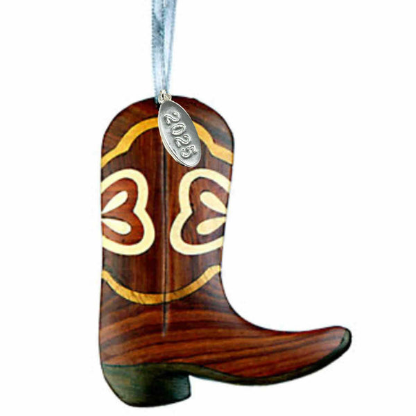 Cowboy Boot Ornament 2025 - Two-Tone Wood Christmas Ornament - Intarsia Design - Western Ornament - Comes in A Gift Box So It's Ready for Giving