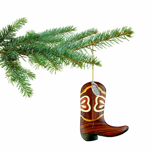 Cowboy Boot Ornament 2025 - Two-Tone Wood Christmas Ornament - Intarsia Design - Western Ornament - Comes in A Gift Box So It's Ready for Giving