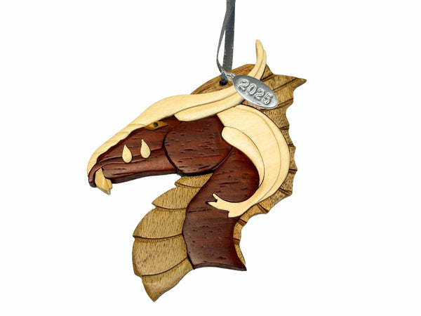 2025 Dragon Ornament, Elegant Wooden Dragon Ornament, Stunning Multi-Color Wood, Handcrafted Two-Tone Intarsia Design, with Gift Box - Beautiful Mystical, Fantasy Gift for Dragon Lovers