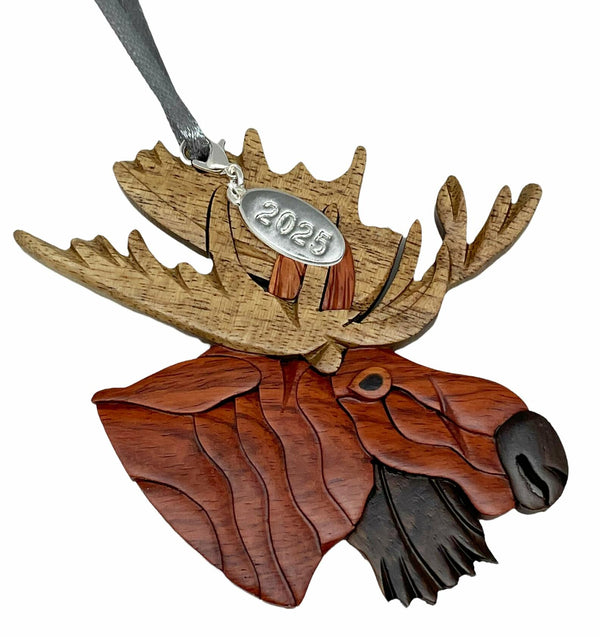 Moose Ornament 2025 Two-Tone Wood Intarsia Design Moose Head Christmas Ornament - Great Big Game Hunter Gift Idea - Comes in a Gift Box so It's Ready for Giving