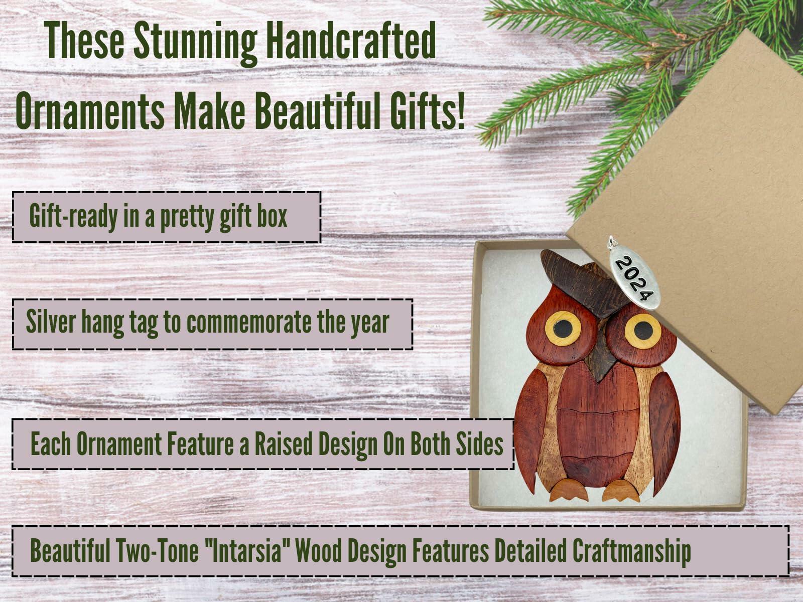 2025 Wooden Owl Ornament, Owl Christmas Ornaments - Two-Tone Wood Christmas Ornament - Intarsia Design - Comes in A Gift Box