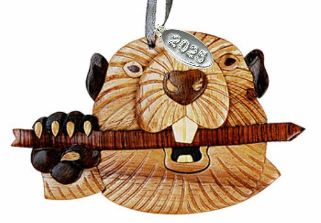 2026 Beaver Ornament Two-Tone Wood Christmas Ornament - Handcrafted Wood Intarsia Design - Comes in A Gift Box So It's Ready for Giving