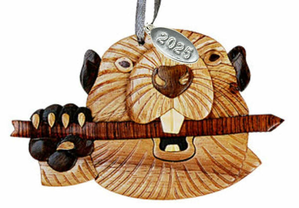 Beaver Ornament 2025 Two-Tone Wood Christmas Ornament - Handcrafted Wood Intarsia Design - Comes in A Gift Box So It's Ready for Giving
