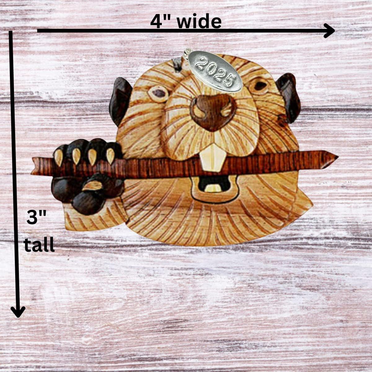 2026 Beaver Ornament Two-Tone Wood Christmas Ornament - Handcrafted Wood Intarsia Design - Comes in A Gift Box So It's Ready for Giving