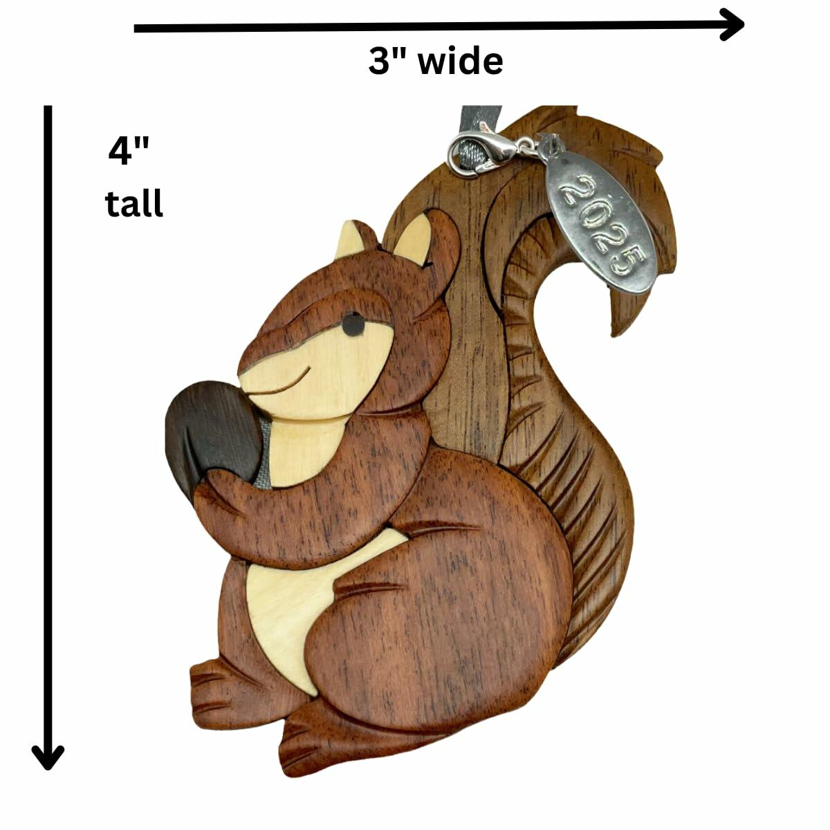 Squirrel Ornament 2025 Two-Tone Wood Christmas Ornament - Handcrafted Wood Intarsia Design - Comes in A Gift Box So It's Ready for Giving