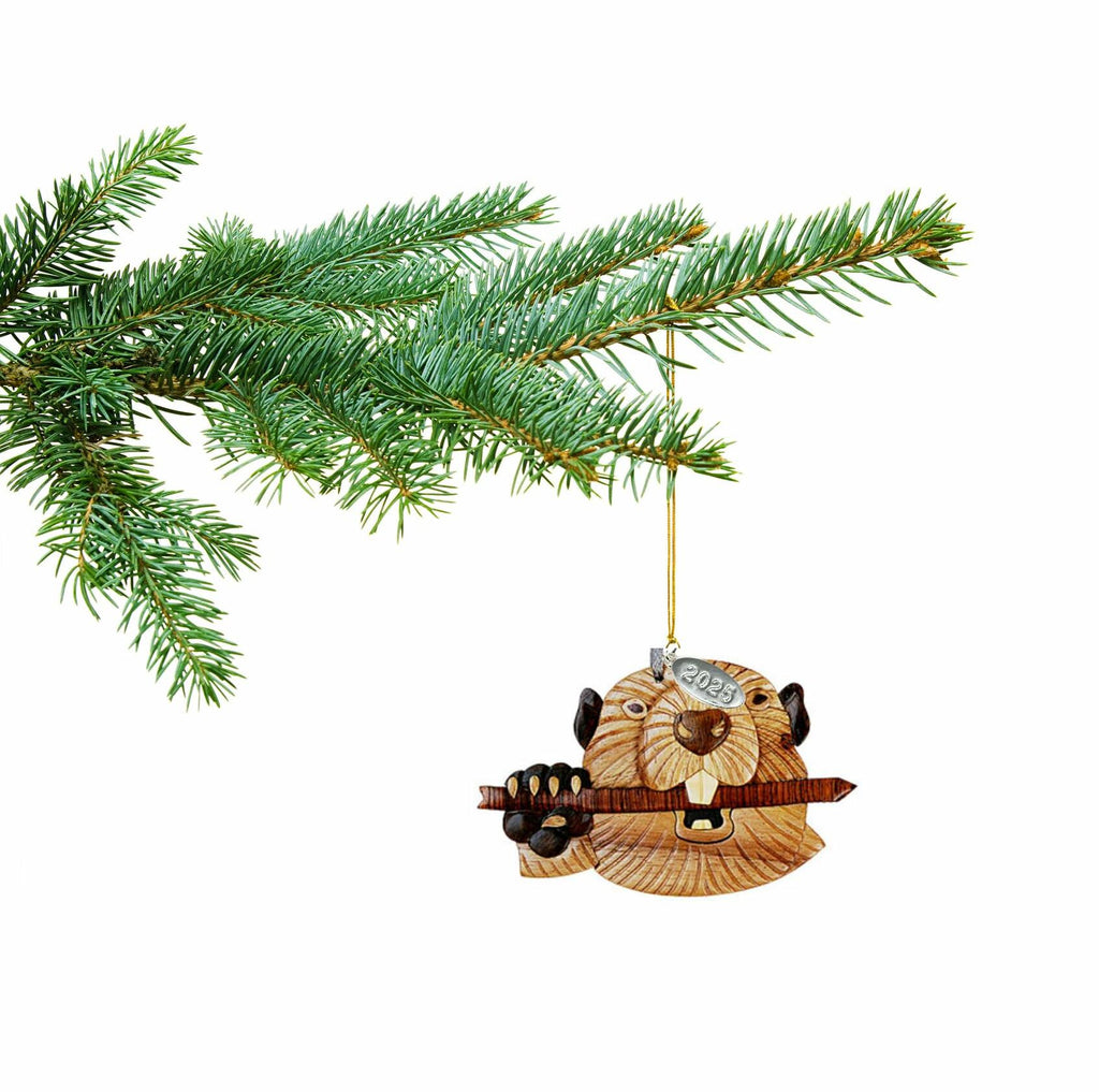 2026 Beaver Ornament Two-Tone Wood Christmas Ornament - Handcrafted Wood Intarsia Design - Comes in A Gift Box So It's Ready for Giving