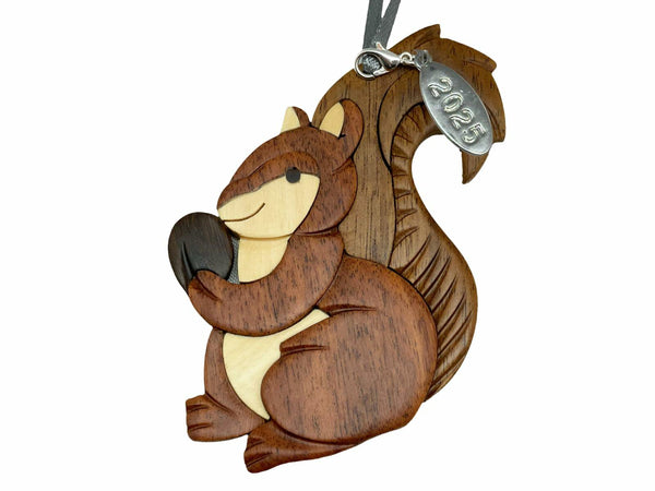 Squirrel Ornament 2025 Two-Tone Wood Christmas Ornament - Handcrafted Wood Intarsia Design - Comes in A Gift Box So It's Ready for Giving