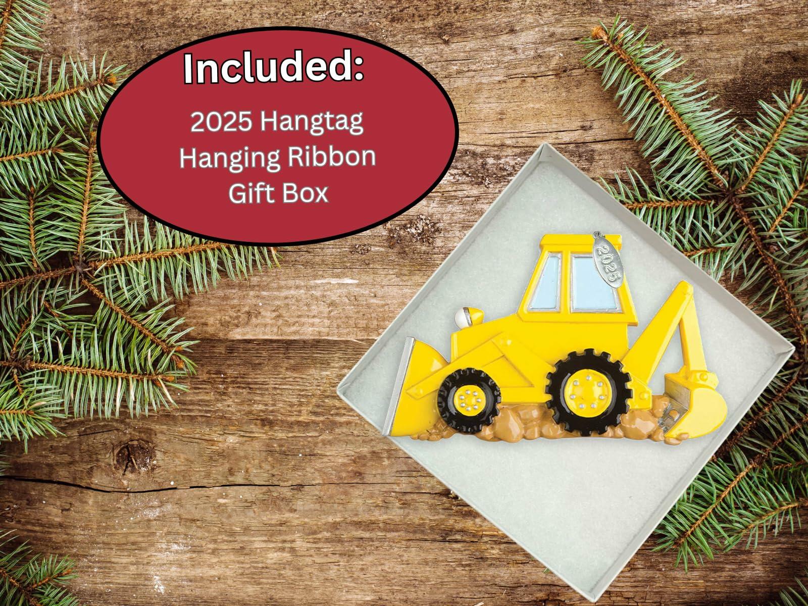 Yellow Backhoe Ornament 2025 - Construction Truck Ornament - Can Be Personalized at Home - Comes in Gift Box