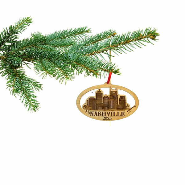 Nashville Christmas Ornament, Tennessee Souvenir, Music Gift with Skyline, Guitar and City Icons, Beautiful Laser Cut Wood – Great Stocking Stuffer, Nashville Souvenir Idea, Comes in Gift Box