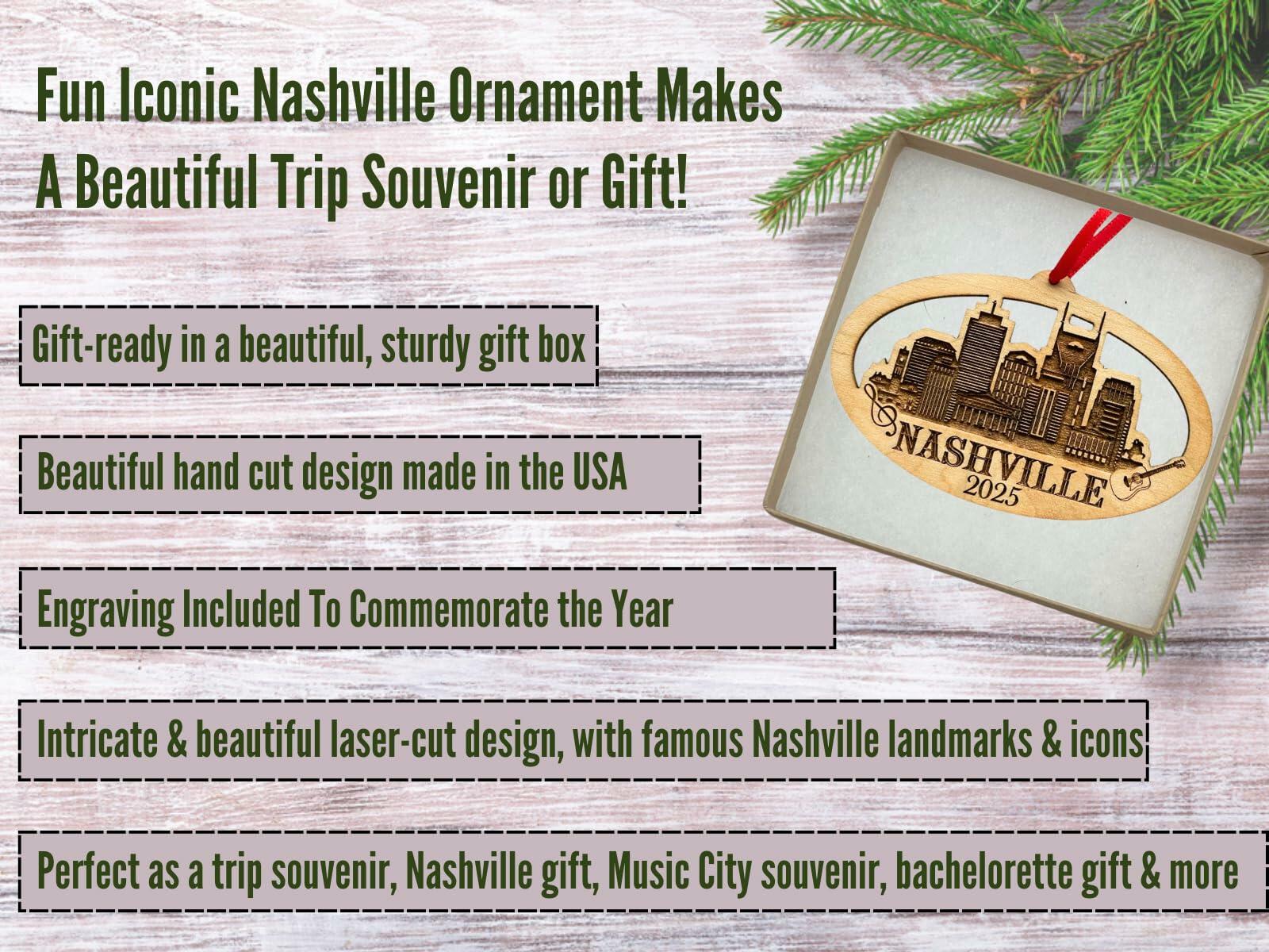 Nashville Christmas Ornament, Tennessee Souvenir, Music Gift with Skyline, Guitar and City Icons, Beautiful Laser Cut Wood – Great Stocking Stuffer, Nashville Souvenir Idea, Comes in Gift Box