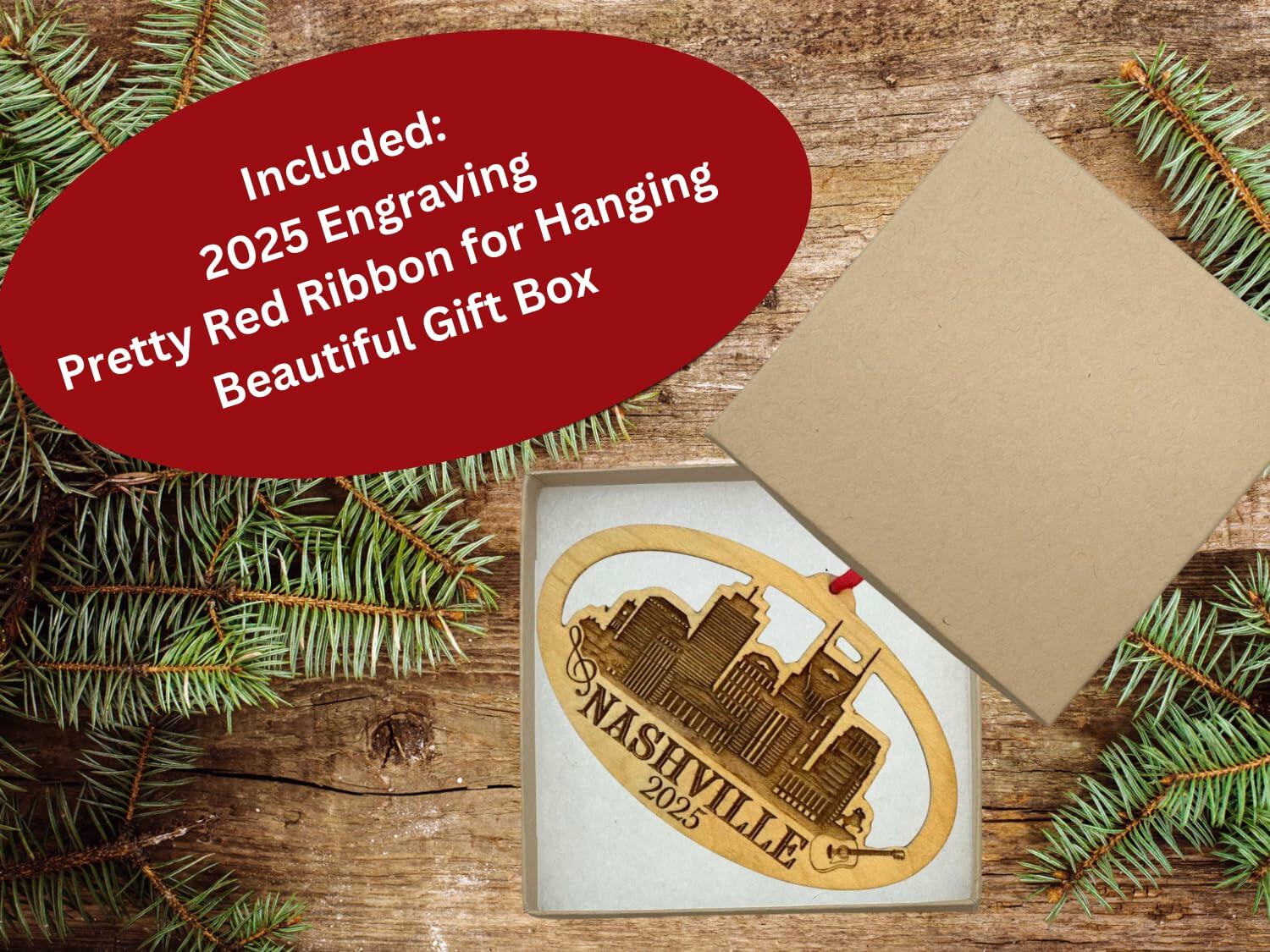 Nashville Christmas Ornament, Tennessee Souvenir, Music Gift with Skyline, Guitar and City Icons, Beautiful Laser Cut Wood – Great Stocking Stuffer, Nashville Souvenir Idea, Comes in Gift Box