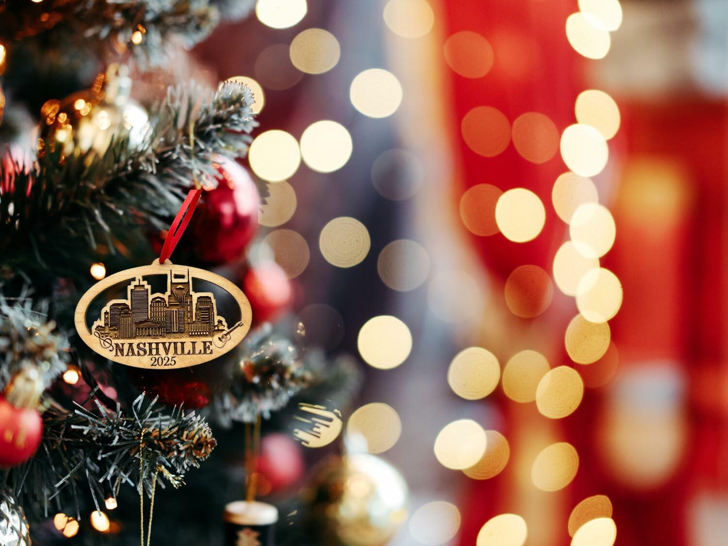 Nashville Christmas Ornament, Tennessee Souvenir, Music Gift with Skyline, Guitar and City Icons, Beautiful Laser Cut Wood – Great Stocking Stuffer, Nashville Souvenir Idea, Comes in Gift Box
