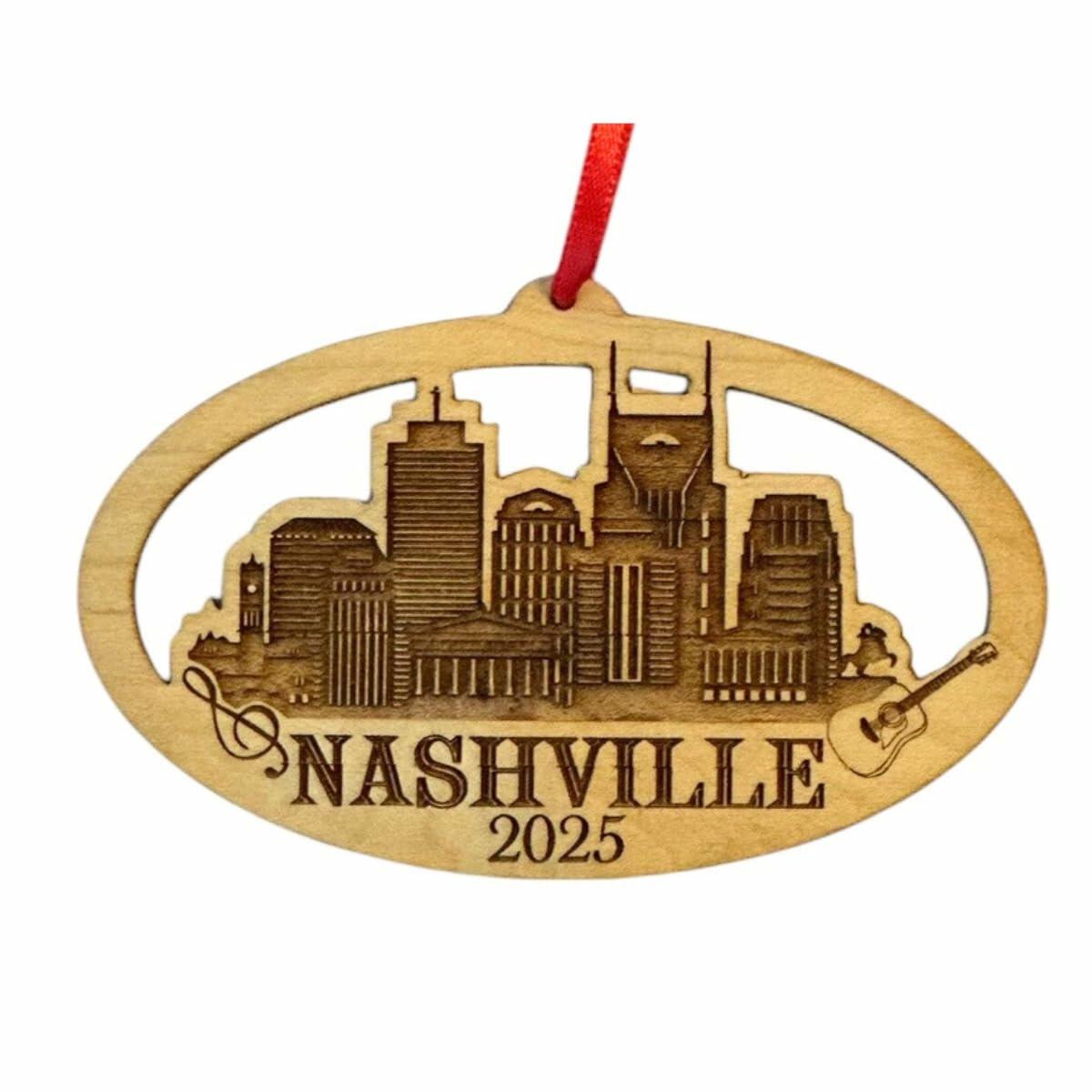 Nashville Christmas Ornament, Tennessee Souvenir, Music Gift with Skyline, Guitar and City Icons, Beautiful Laser Cut Wood – Great Stocking Stuffer, Nashville Souvenir Idea, Comes in Gift Box