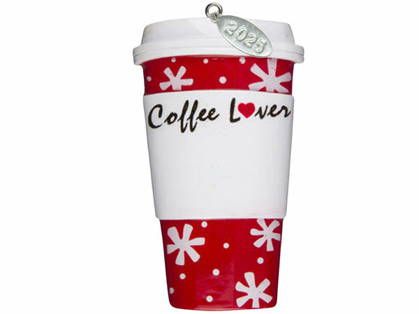 Cute Travel Coffee Mug Ornament - Great Gift Idea for Coffee Lovers - Polished Resin Christmas Bar Decor - Easy to Personalize at Home - Comes in Gift Box With 2025 Hangtag