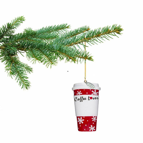 Cute Travel Coffee Mug Ornament - Great Gift Idea for Coffee Lovers - Polished Resin Christmas Bar Decor - Easy to Personalize at Home - Comes in Gift Box With 2025 Hangtag