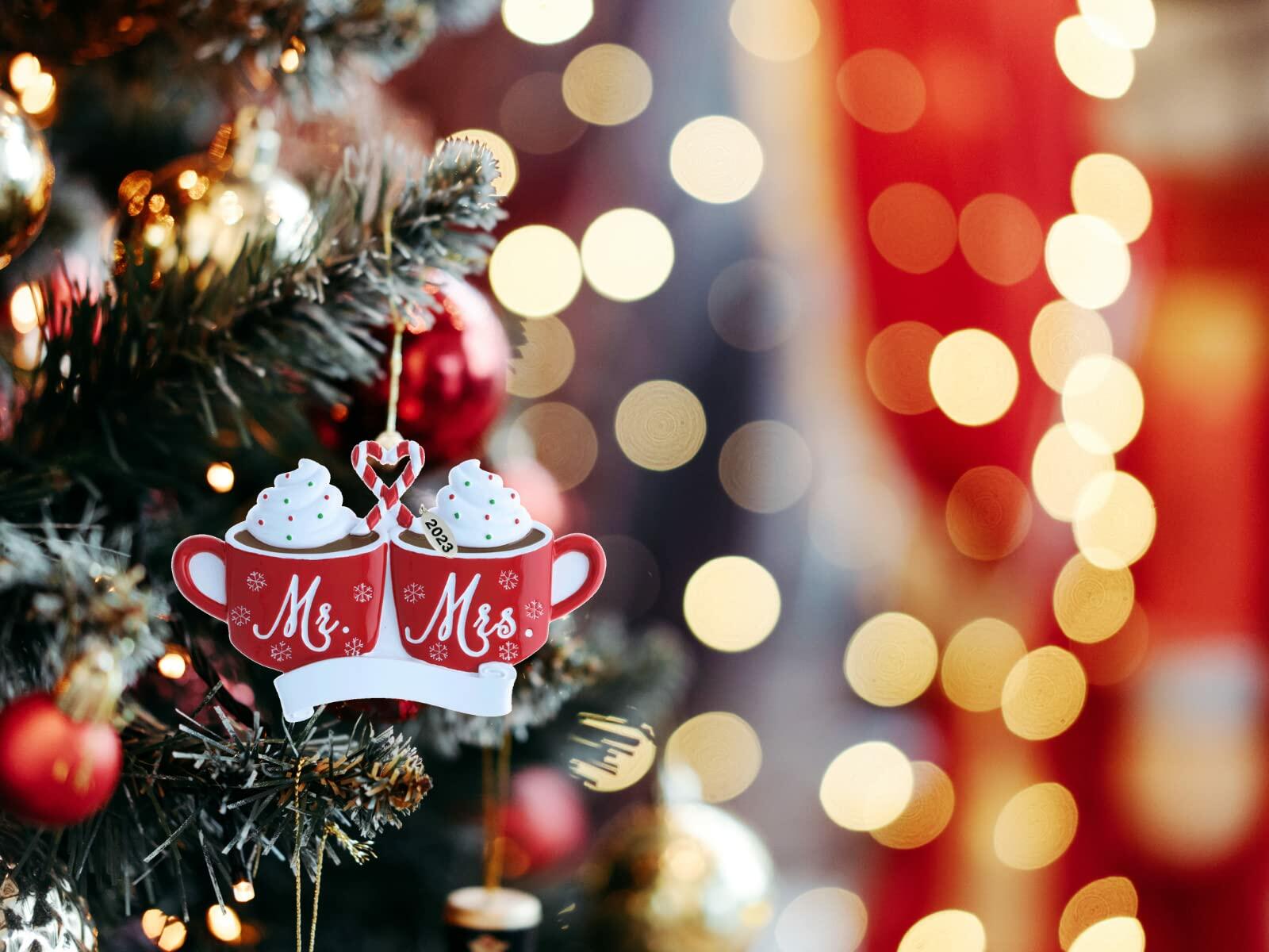 Our First Christmas Ornament, Wedding Gifts for Couples 2025, Just Married with Mr and Mrs, Cute Hot Cocoa Design, Couples First Christmas Ornament in Gift Box