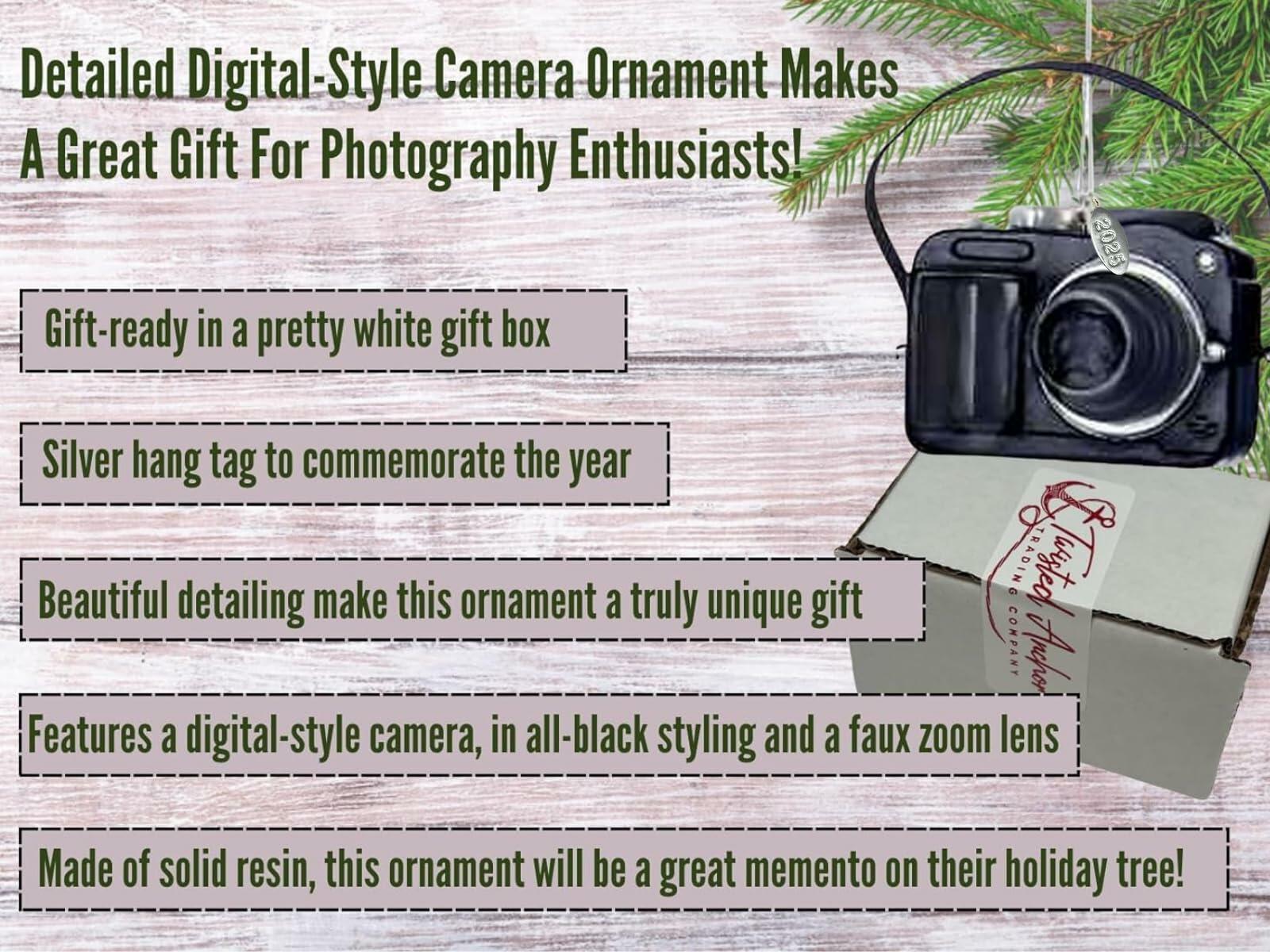 Camera Ornament - Camera Gifts - Fun Camera Christmas Tree Ornament 2025, Black & Silver with Replica Strap - Comes in a Gift Box