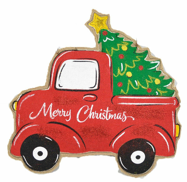 Vintage Truck Hauling Christmas Tree Door Hanger Holiday Door Decorations - Or Holiday Season Wall Hanging - Large 18 x 11 Size - On Burlap