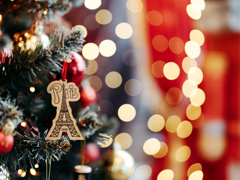 Paris Christmas Ornament 2026 in Laser Cut Wood, Great Travel Souvenir and Gift, In Gift Box