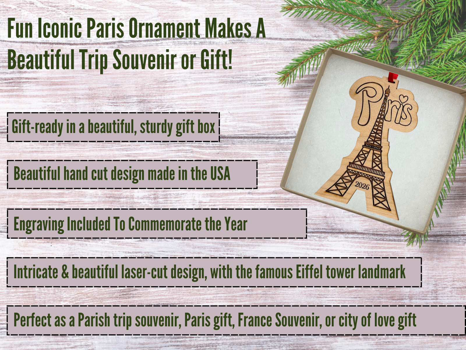 Paris Christmas Ornament 2026 in Laser Cut Wood, Great Travel Souvenir and Gift, In Gift Box