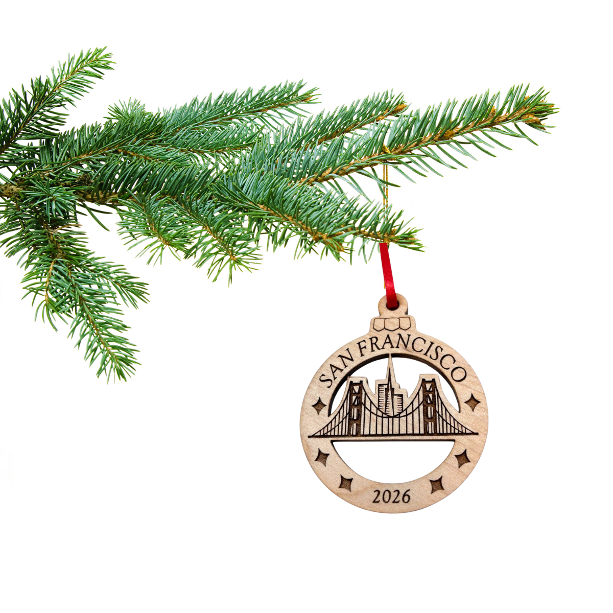 San Francisco Ornament in Laser Cut Wood, Golden Gate Bridge Travel Souvenir or Gift 2026, Comes in Gift Box