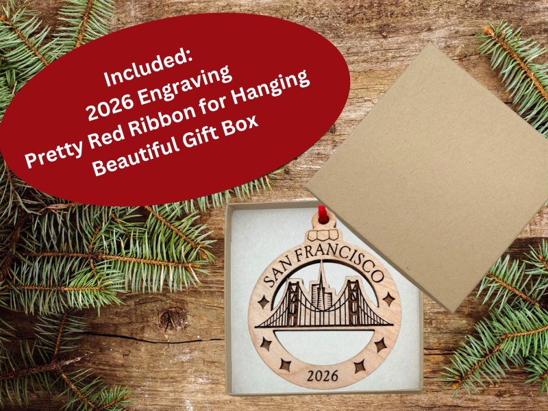 San Francisco Ornament in Laser Cut Wood, Golden Gate Bridge Travel Souvenir or Gift 2026, Comes in Gift Box