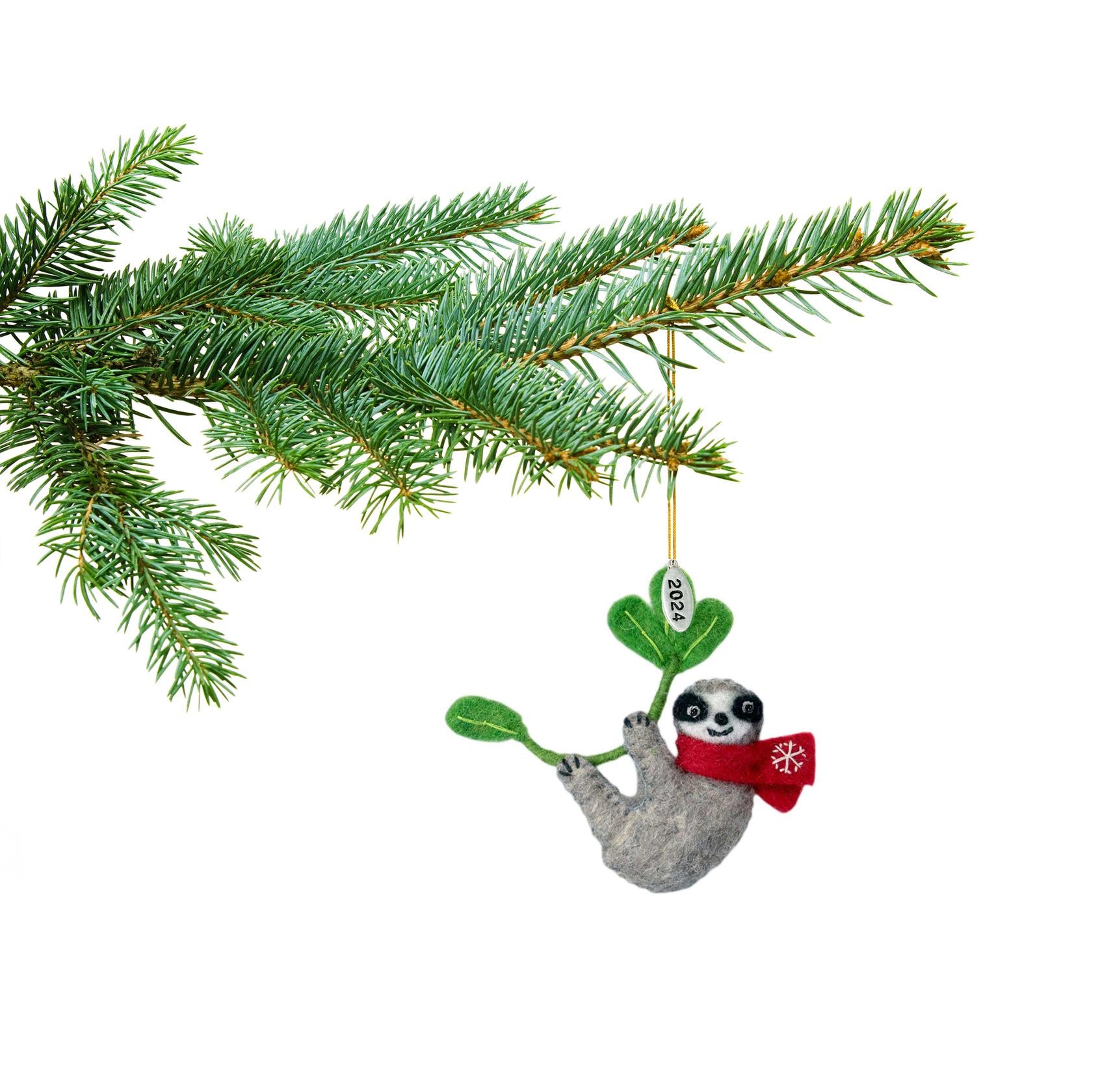 Felt Sloth Christmas Ornament 2025 - Fair Trade, Made in Nepal - Comes in a Gift Bag