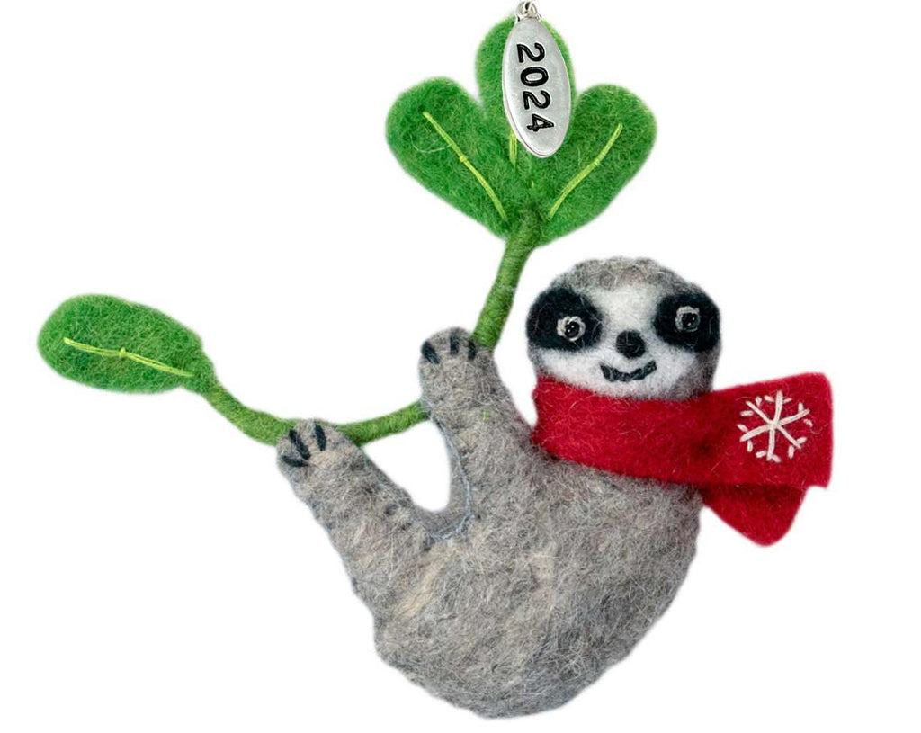 Felt Sloth Christmas Ornament 2025 - Fair Trade, Made in Nepal - Comes in a Gift Bag