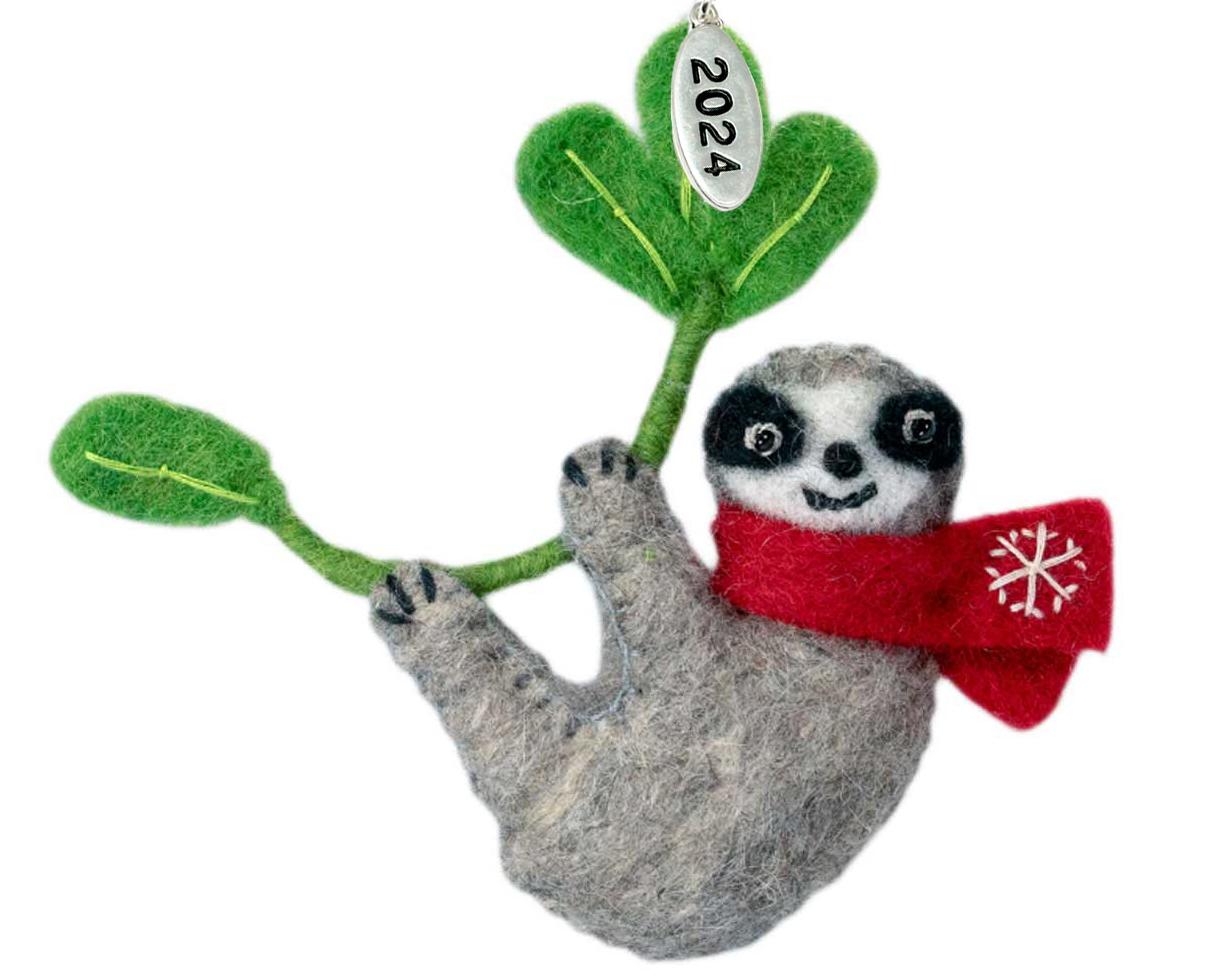 Felt Sloth Christmas Ornament 2025 - Fair Trade, Made in Nepal - Comes in a Gift Bag