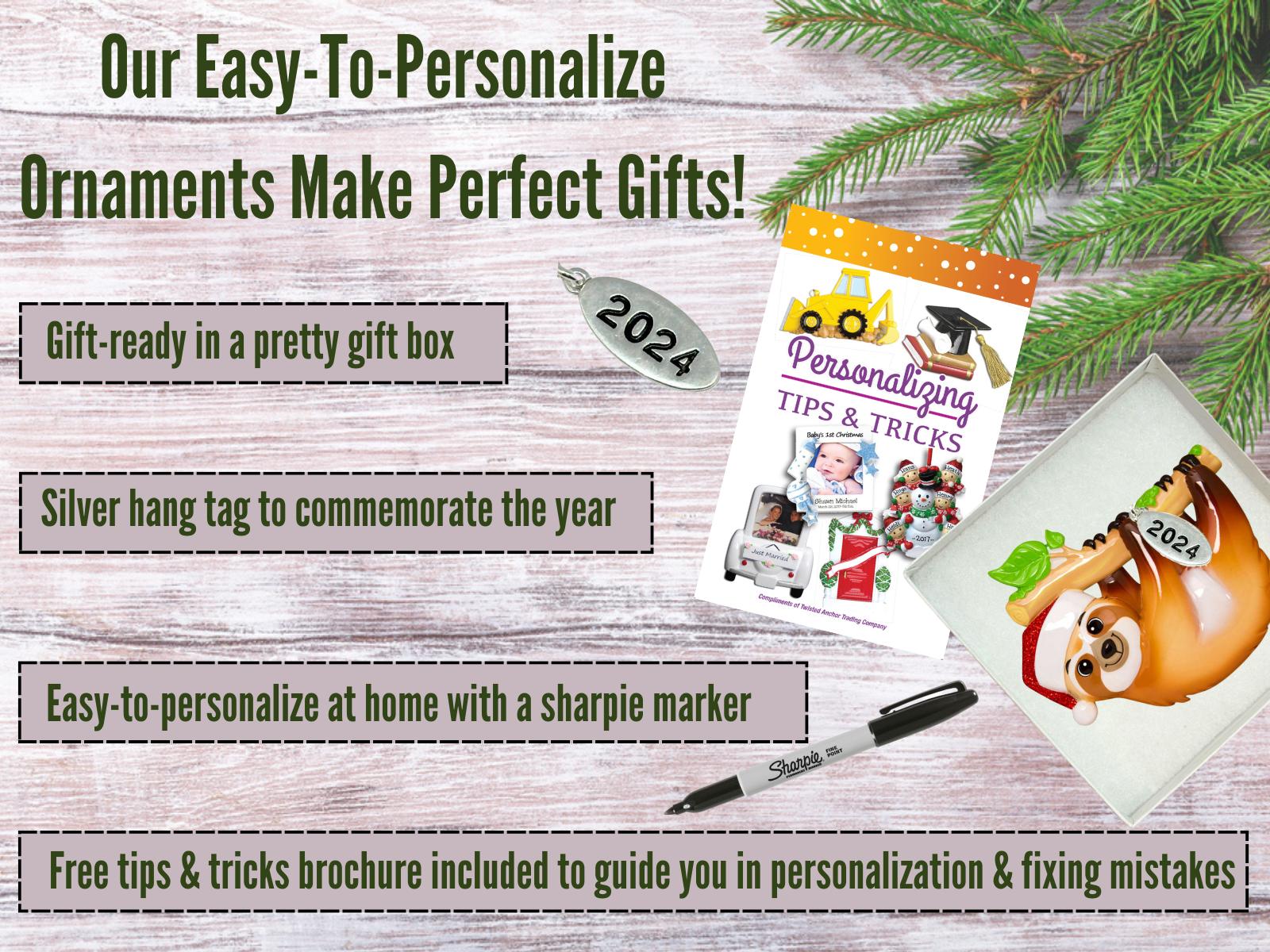Sloth Ornament - Sloth Christmas Ornaments 2025 - Easy to Personalize - Comes in a Gift Box So It's Ready for Giving