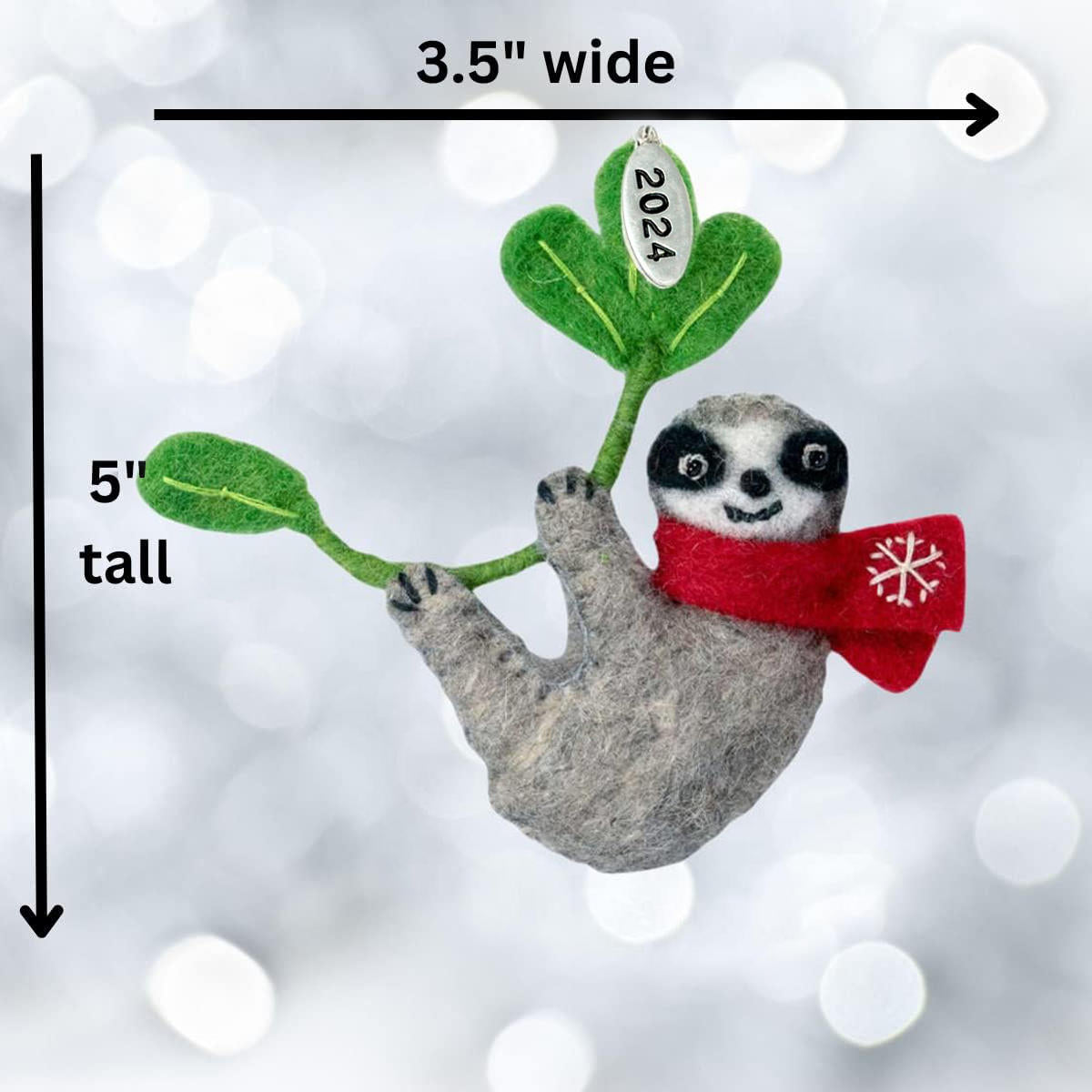 Felt Sloth Christmas Ornament 2025 - Fair Trade, Made in Nepal - Comes in a Gift Bag