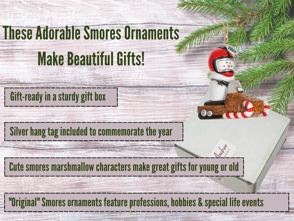 Smores Snowmobile Ornament, Snowmobile Gifts, Snowmobiling Christmas Ornament - Cute Little Smore Riding A Snowmobile - Comes in a Gift Box