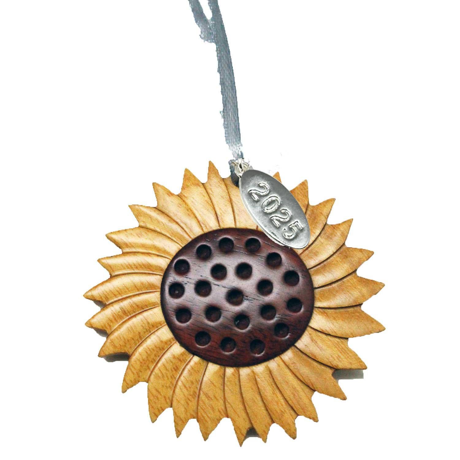 Sunflower Ornament 2025 Two-Tone Wood Intarsia Design - Sunflower Gifts for Women - Comes in A Gift Box