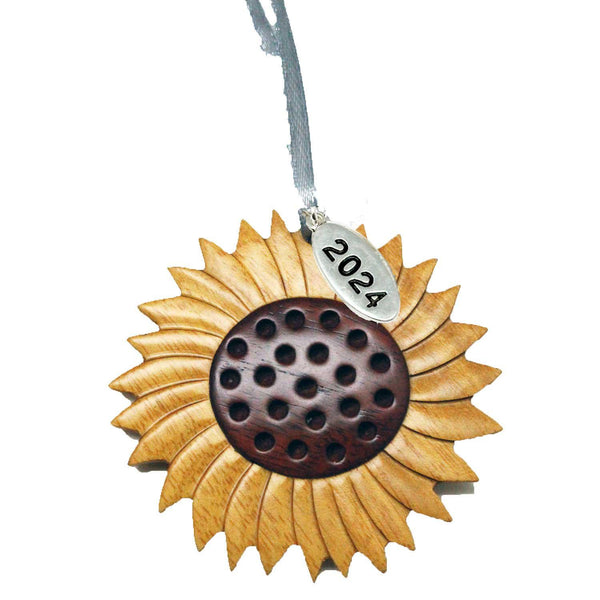 Sunflower Intarsia Style Two-Tone Handcarved Wood Ornament 2024, In Gift Box