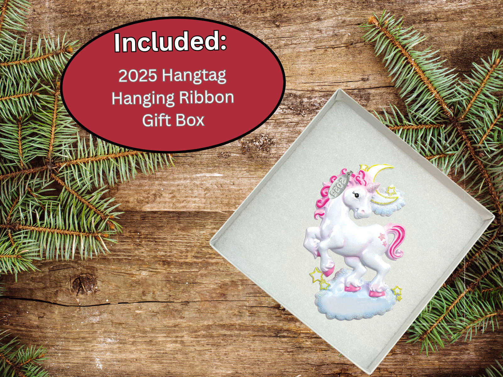 Stunning Windswept Unicorn Ornament with 2025 hangtag, in gift box