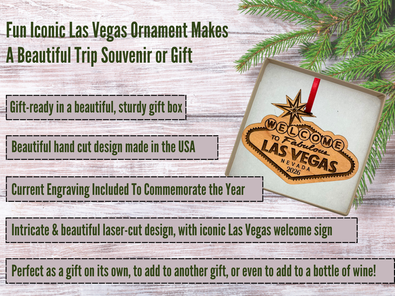 Las Vegas Christmas Ornament 2026 in Laser Cut Wood - Las Vegas Souvenirs and Gifts, Vegas Ornament - Comes in a Gift Box