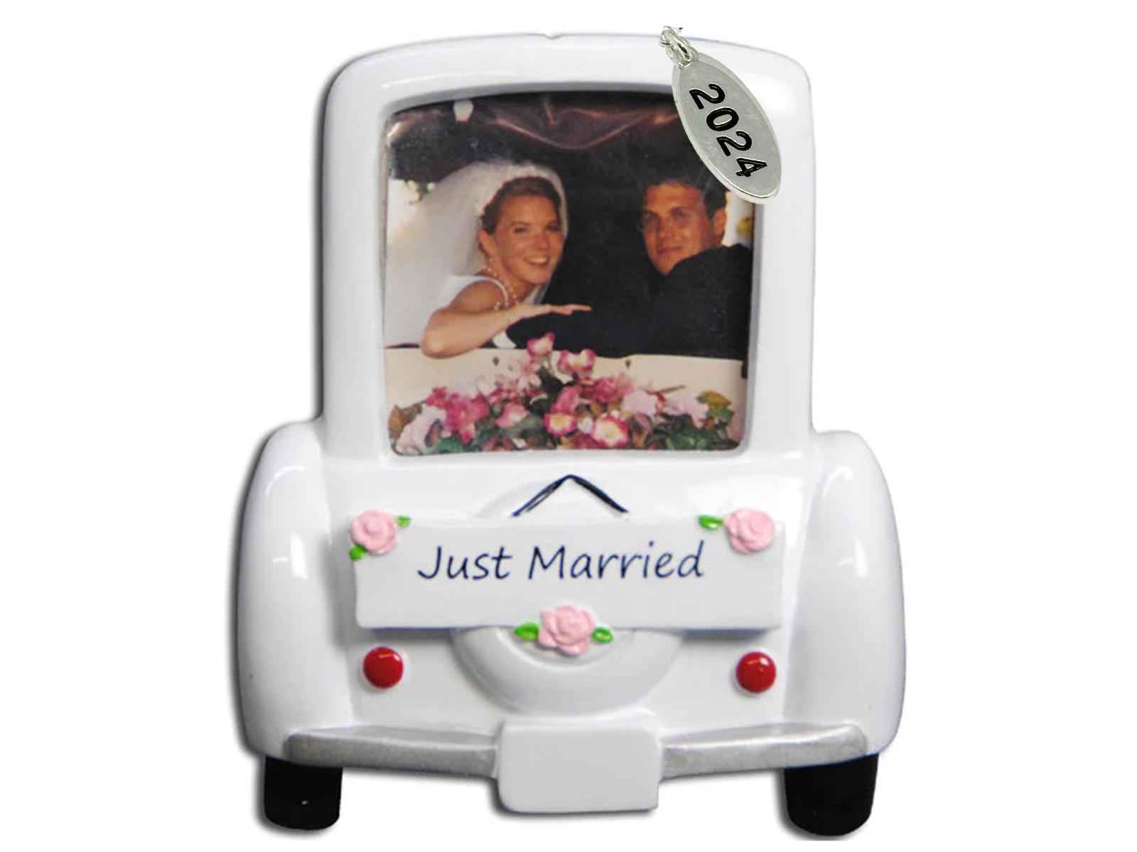 Our First Christmas Ornament 2024 Wedding Car Picture Frame Ornament with Bride and Groom - Easy to Personalize - Comes in an Organza Gift Bag