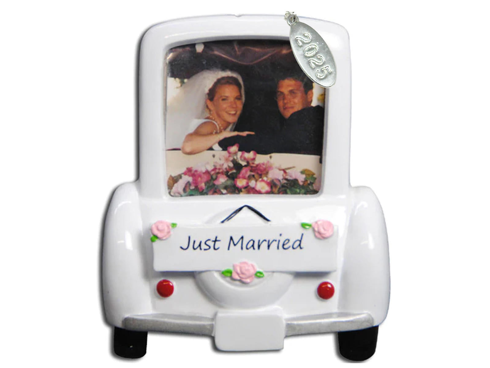 Our First Christmas Ornament 2025 Wedding Car Picture Frame Ornament with Bride and Groom - Easy to Personalize - Comes in an Organza Gift Bag