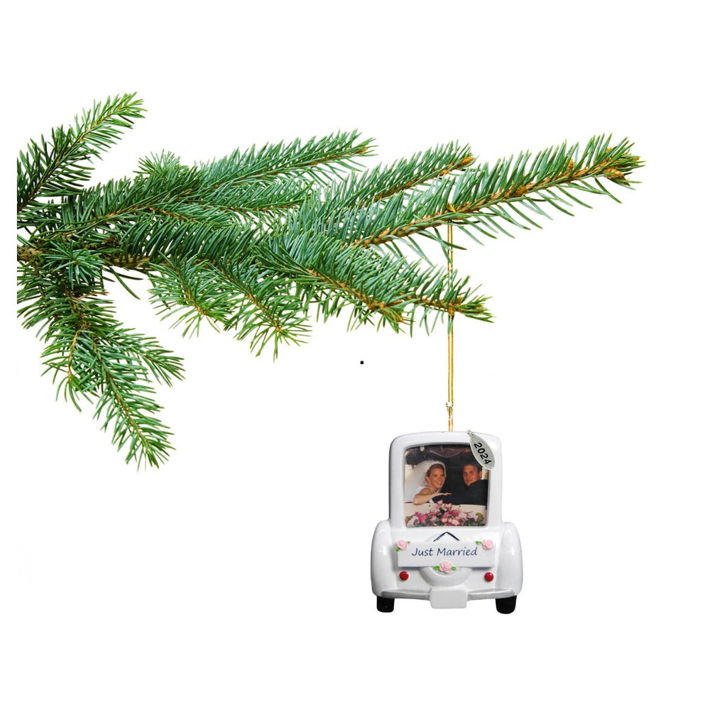 Our First Christmas Ornament 2025 Wedding Car Picture Frame Ornament with Bride and Groom - Easy to Personalize - Comes in an Organza Gift Bag