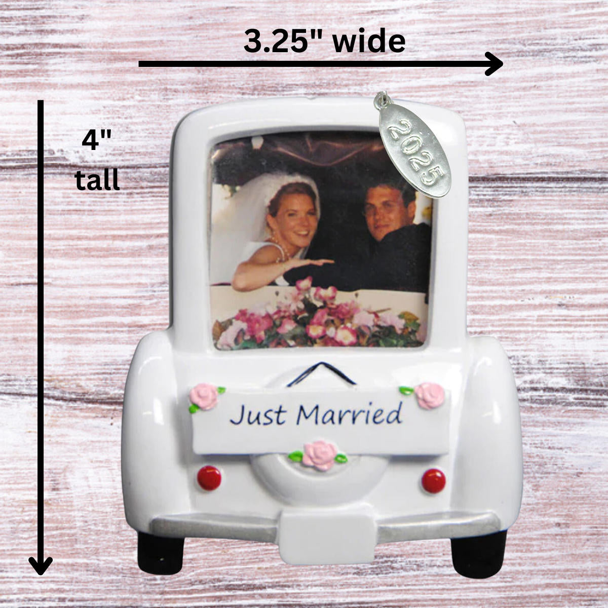 Our First Christmas Ornament 2025 Wedding Car Picture Frame Ornament with Bride and Groom - Easy to Personalize - Comes in an Organza Gift Bag