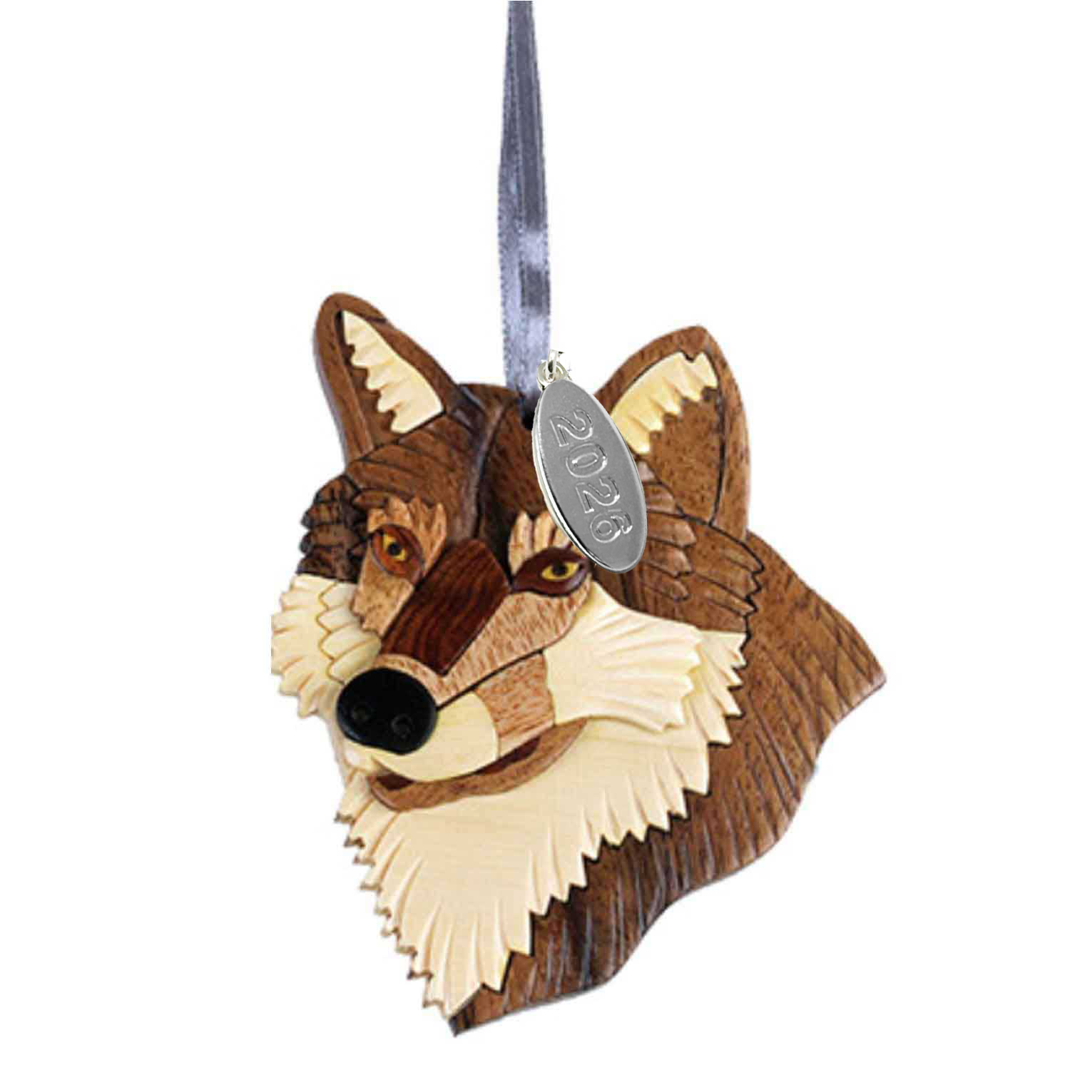 2026 Wolf Ornament Two-Tone Wood Intarsia Design - Comes in a Gift Box