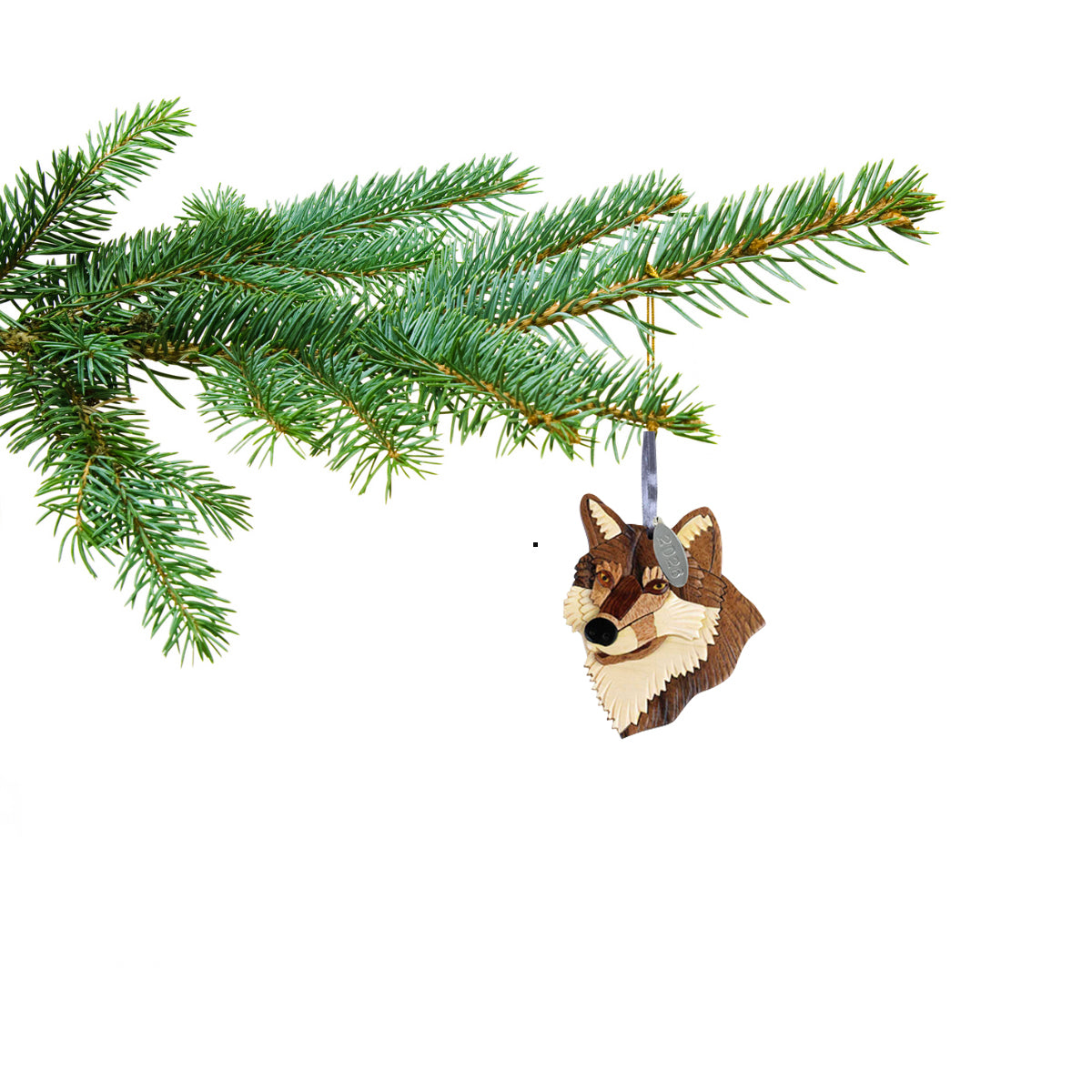 2026 Wolf Ornament Two-Tone Wood Intarsia Design - Comes in a Gift Box