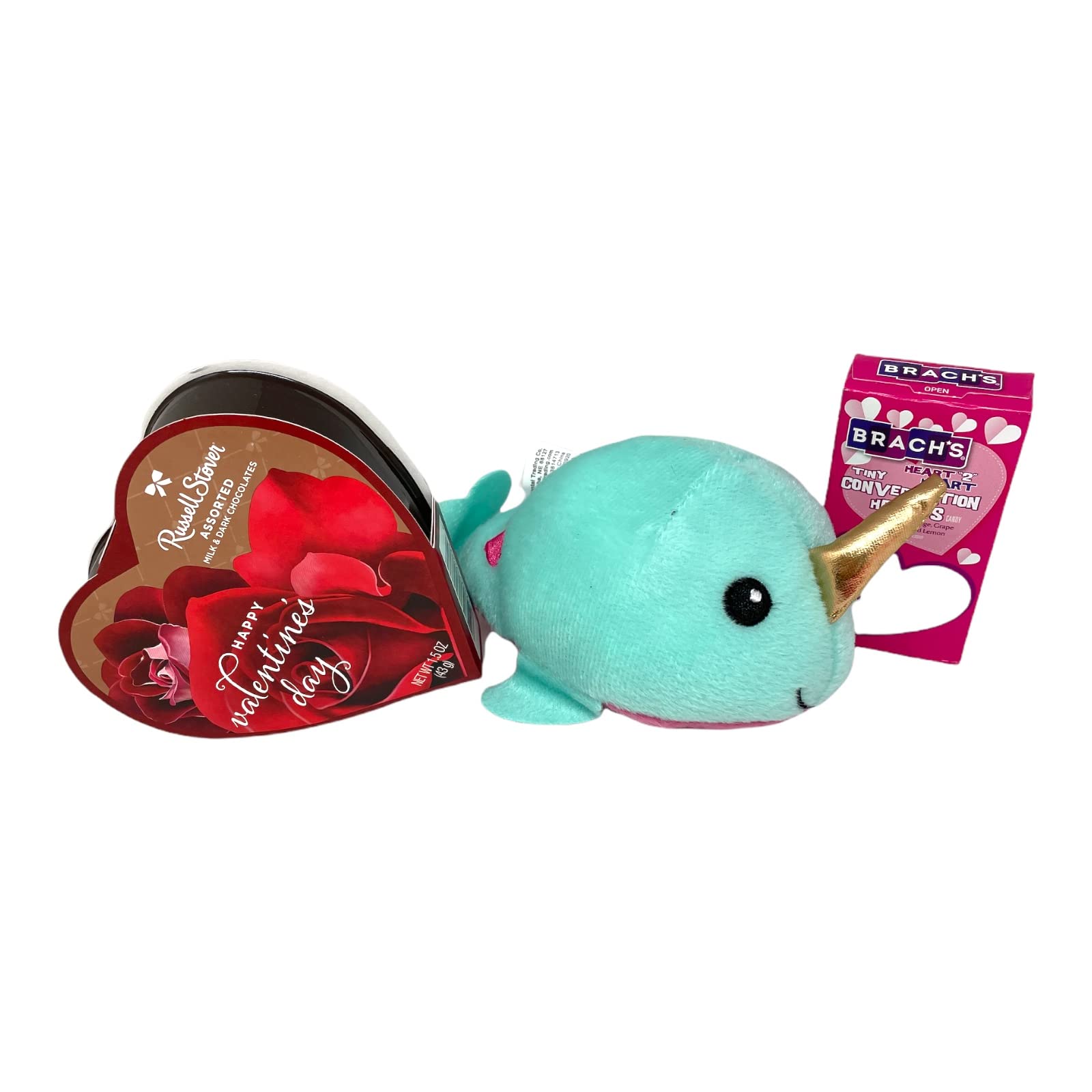 Gift Valentine - 3 Pc Valentines Candy Gift Set - Valentine Narwhal Plush Friend with 1.75 oz Russell Stover Chocolate Heart Candy and Conversation Hearts